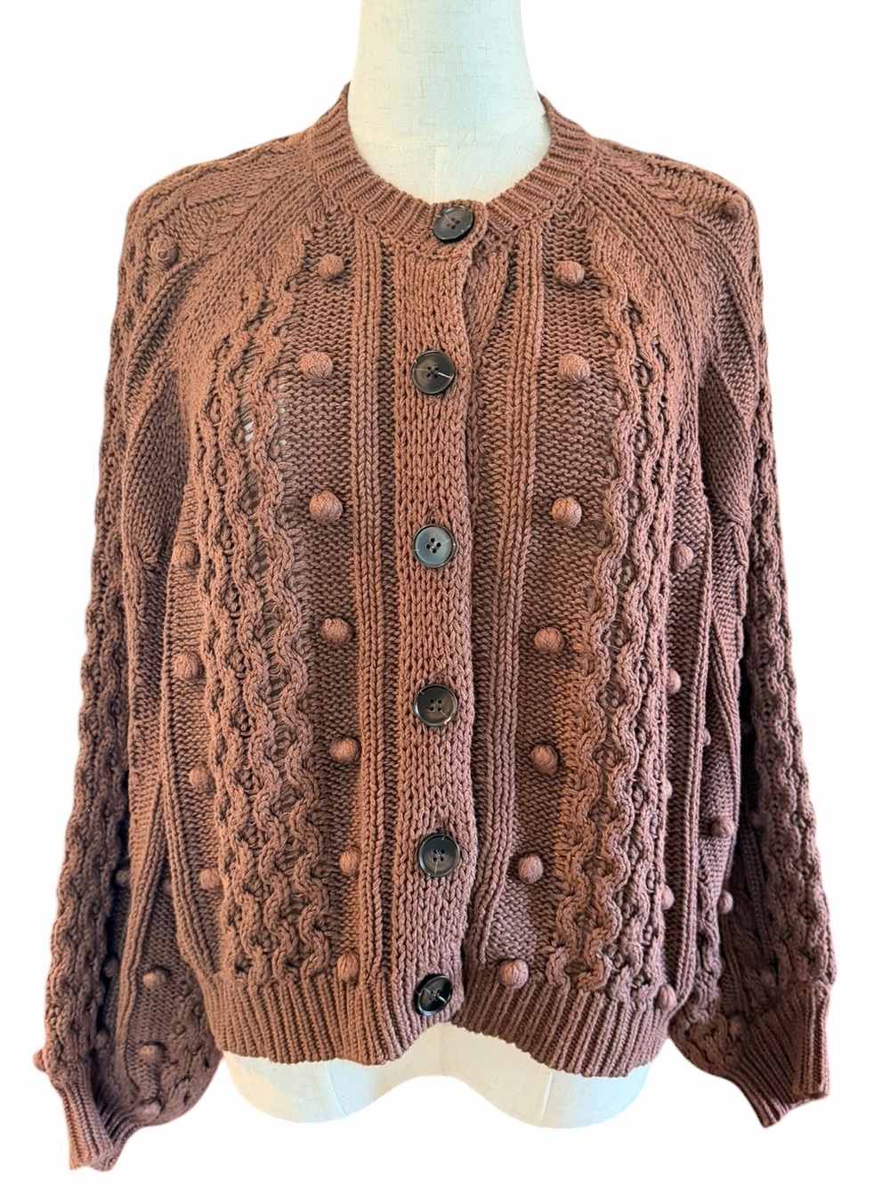 The GREAT Mountainside Cardigan Brown Cable Knit Bobble Sweater Sz 1 S